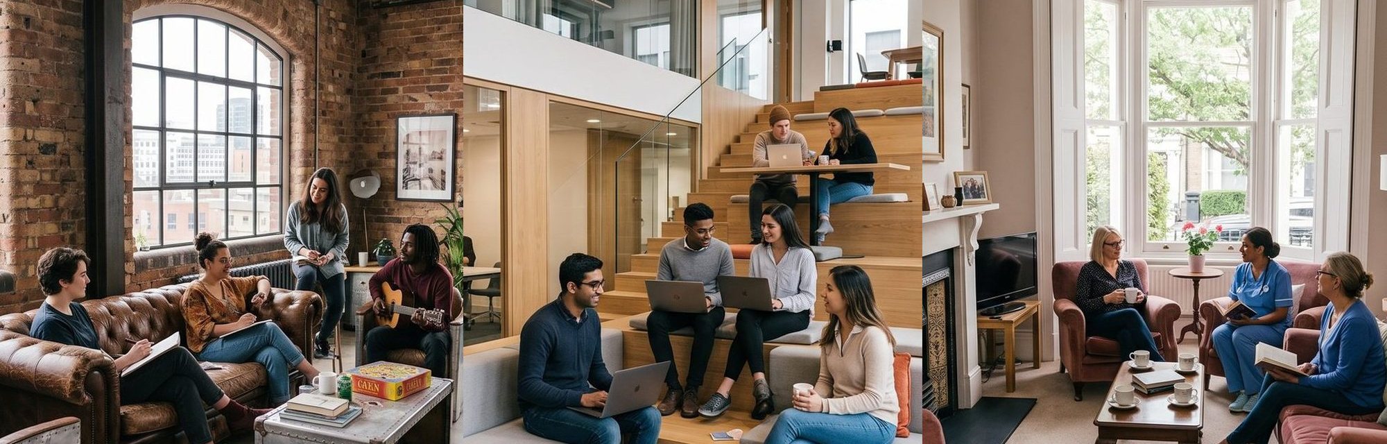 Shared living spaces: people sitting together talking over tea, and quieter spaces to work and think